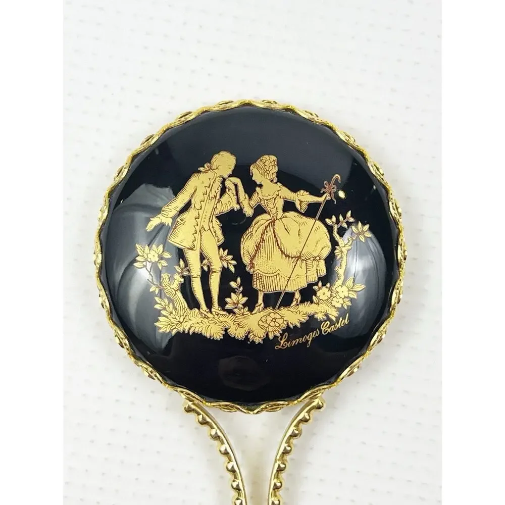 Vintage LIMOGES France Handheld Mirror Black & Gold Porcelain Vanity 4.5